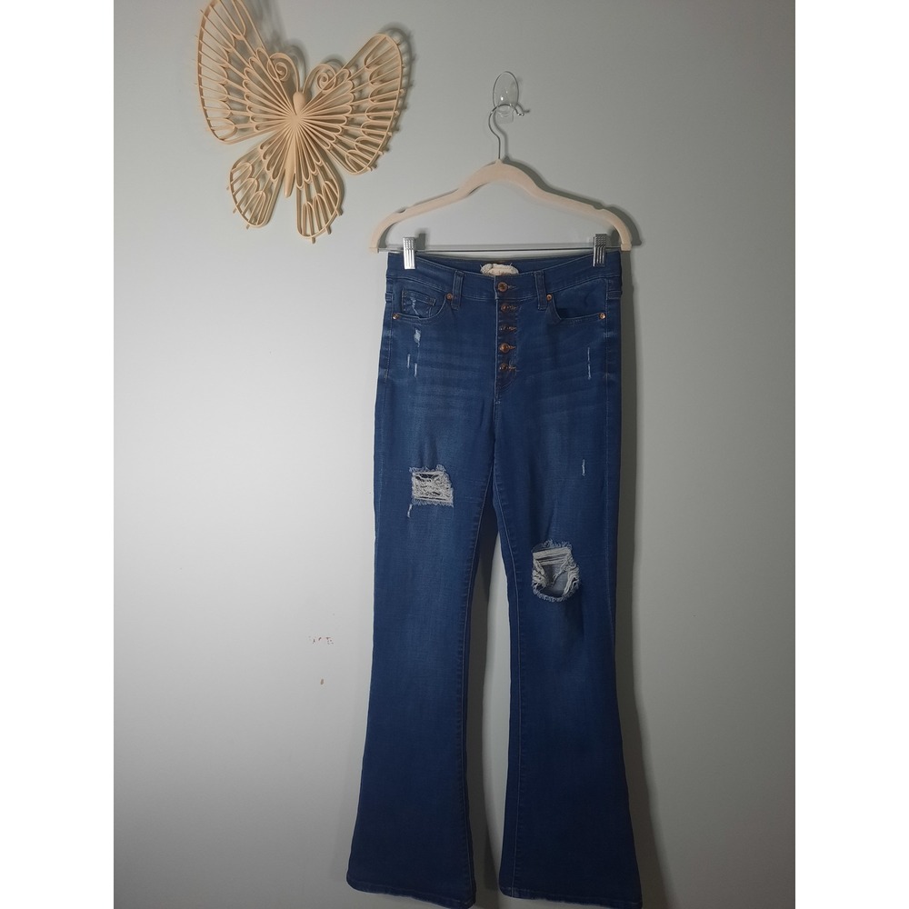 Altar'd State High Rise Distressed Flare Jeans Medium Wash Button Fly 26/3